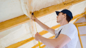 mężczyzna mierzy grubość piany pur