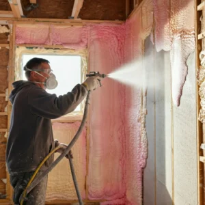 męzczyzna stosuje izolację natryskową na ścianę