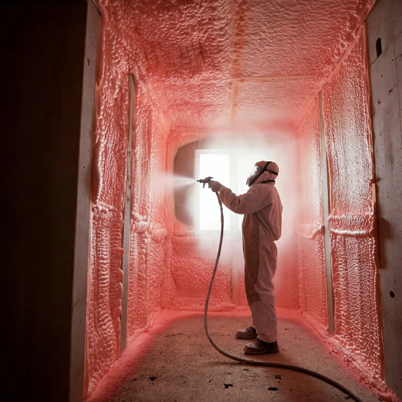 mężczyzna nakłada pianę pur na ścianę