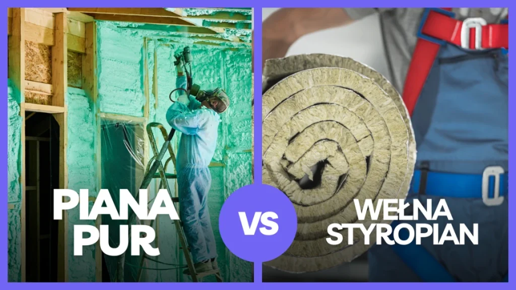 izolacje pianą pur czy wełną czy styropianem - napisy na obrazkach porównawczych