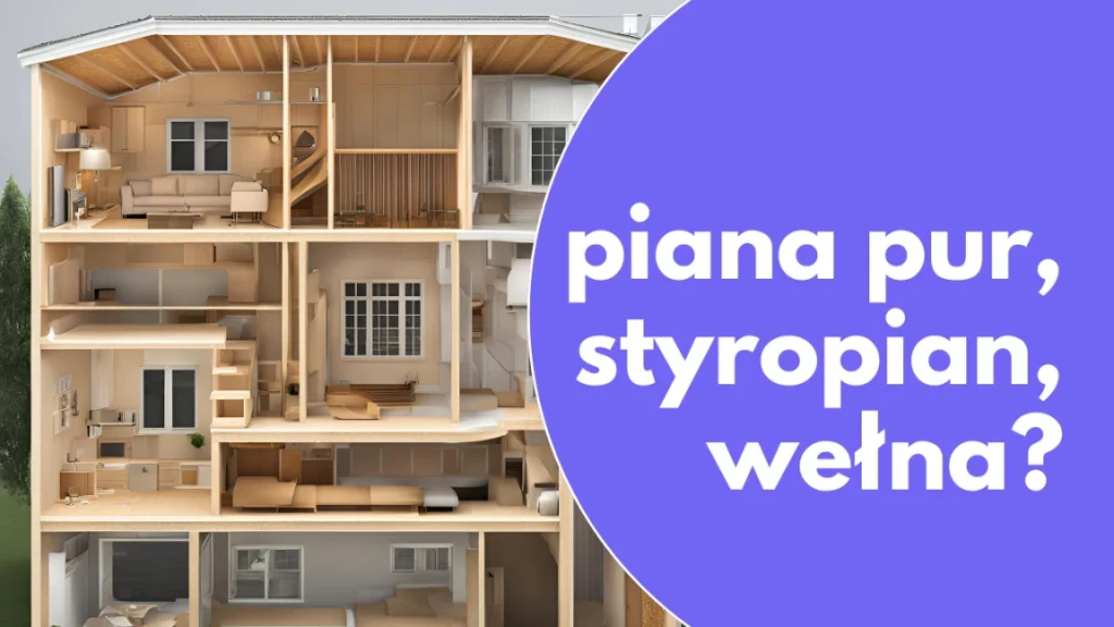 wizualizacja domu wraz z napisami piana pur, styropian, wełna