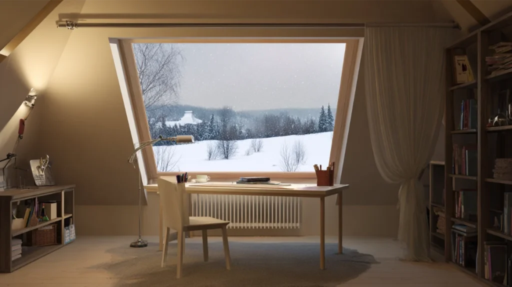 pokój z dużym oknem