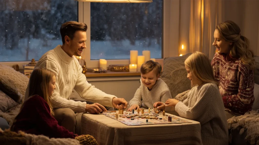 rodzina w ciepłym domu gra w gry planszowe